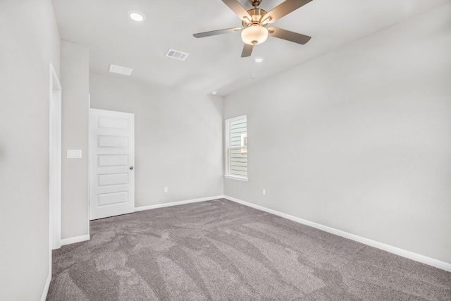 empty room with carpet floors and ceiling fan