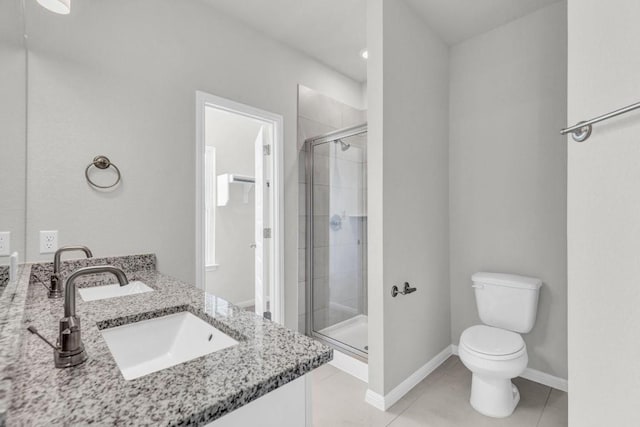 bathroom featuring tile patterned flooring, walk in shower, vanity, and toilet