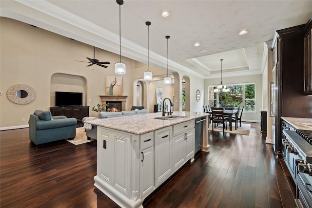 kitchen featuring white cabinets, decorative light fixtures, a raised ceiling, and light stone countertops