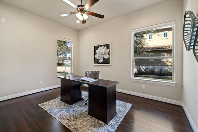 office area with ceiling fan, baseboards, and dark wood finished floors