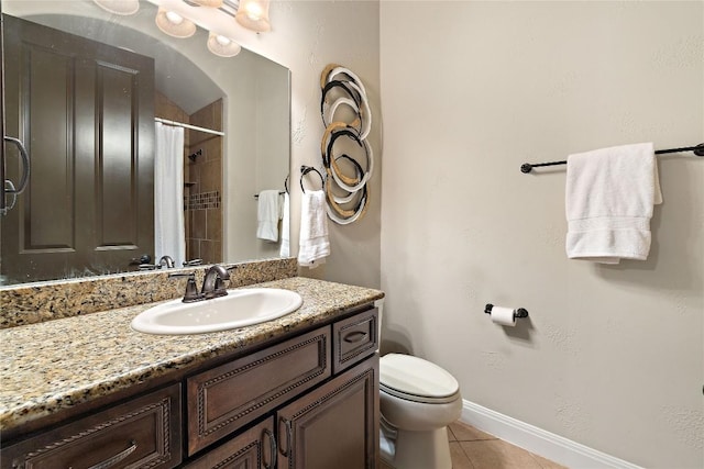 bathroom with tile patterned floors, vanity, toilet, and a shower with shower curtain