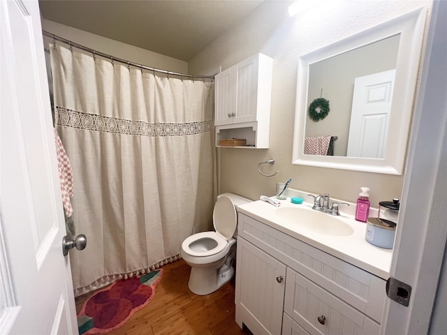 bathroom with toilet, large vanity, and hardwood / wood-style flooring