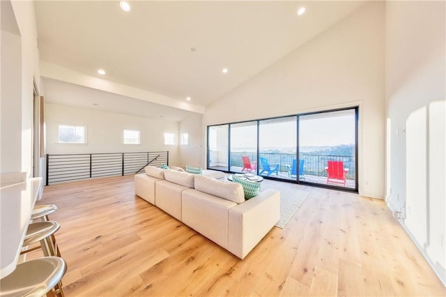 living room with light wood-type flooring, a wealth of natural light, and high vaulted ceiling