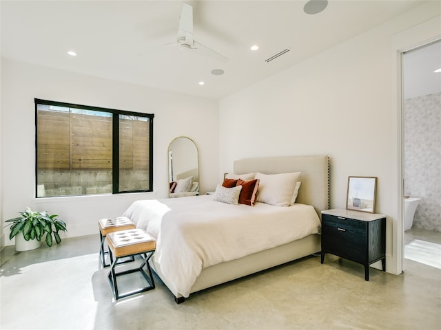 bedroom featuring ensuite bathroom and ceiling fan