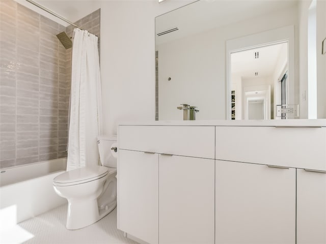 full bathroom featuring shower / bath combo, toilet, vanity, and tile floors