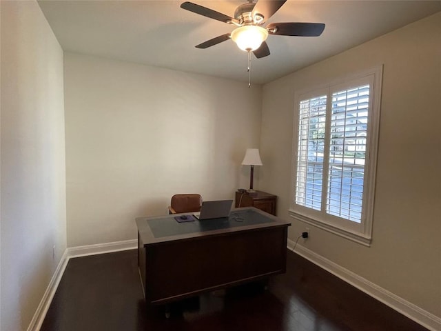 office area featuring dark hardwood / wood-style floors and ceiling fan