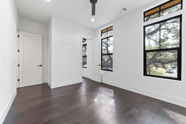 spare room featuring a healthy amount of sunlight, ceiling fan, and dark wood-type flooring