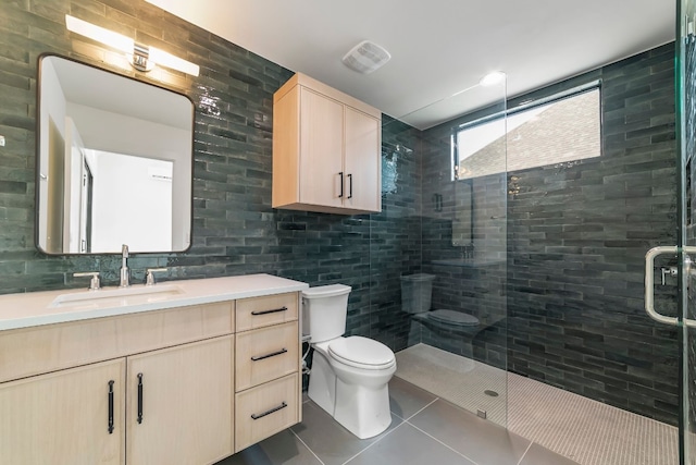 bathroom with decorative backsplash, tile patterned floors, an enclosed shower, tile walls, and toilet