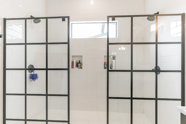 interior details featuring a shower with shower door