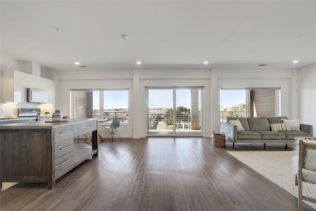 4361 S Congress Ave Unit 408, Austin, TX 78745 - kitchen featuring electric stove, white microwave, white cabinets, open floor plan, and plenty of natural light