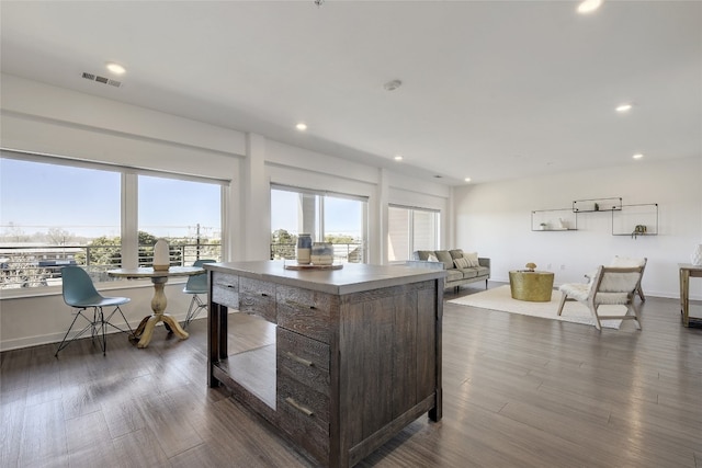 kitchen with dark wood-type flooring, dark brown cabinetry, and a kitchen island