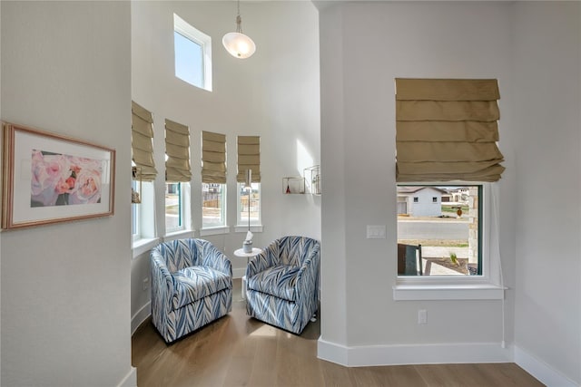 living area featuring a high ceiling, light hardwood / wood-style floors, and a wealth of natural light