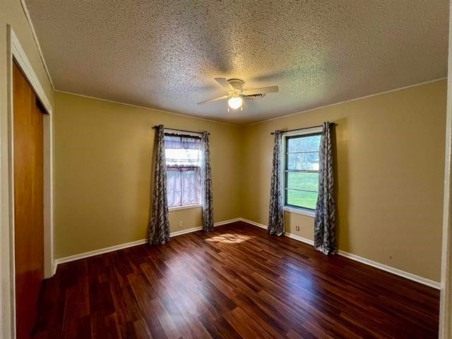 spare room with ceiling fan, ornamental molding, dark hardwood / wood-style floors, and a textured ceiling