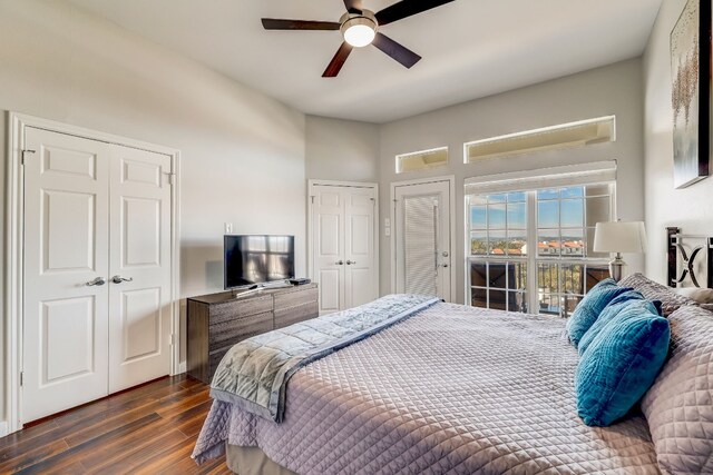 2918 Ranch Road 620 N Unit S-242, Austin, TX 78734 - bedroom featuring dark wood-type flooring, multiple closets, and ceiling fan