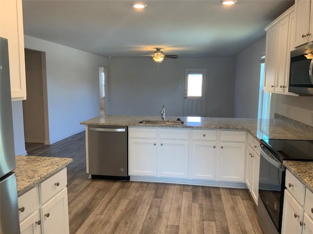 18624 Allen Welch Dr, Elgin, TX 78621 - kitchen with stainless steel appliances, a ceiling fan, a peninsula, light wood finished floors, and recessed lighting