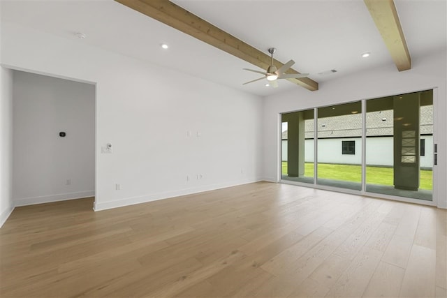 unfurnished room with ceiling fan, beamed ceiling, and light hardwood / wood-style floors