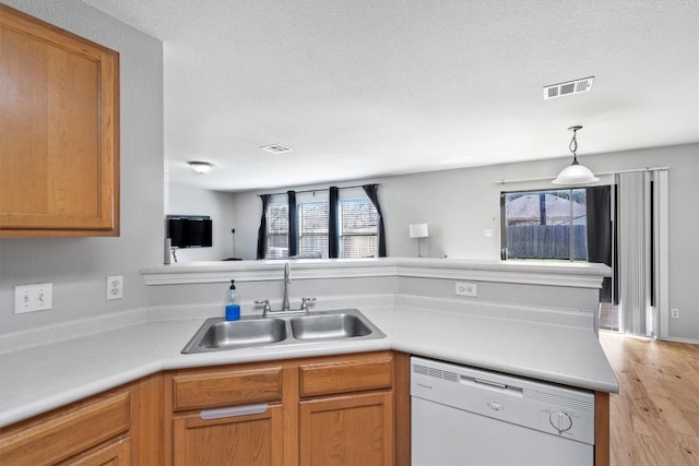 kitchen featuring sink, light hardwood / wood-style flooring, white dishwasher, a textured ceiling, and pendant lighting