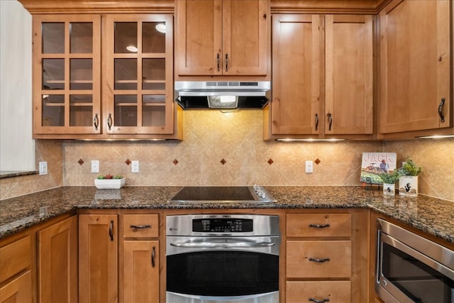 kitchen with stainless steel appliances, backsplash, and dark stone counters