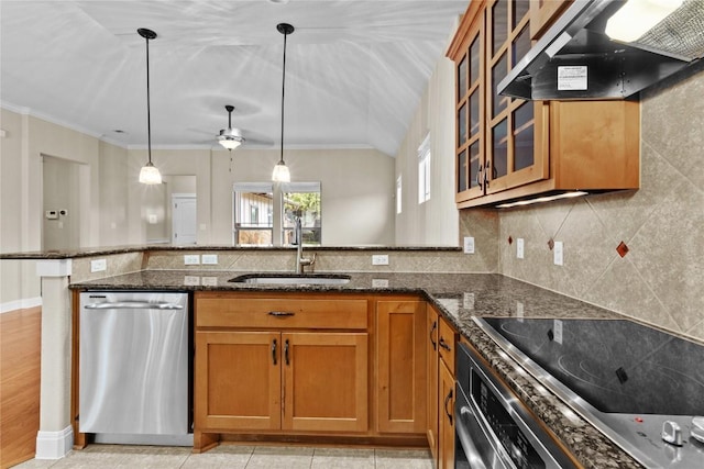 kitchen with stainless steel dishwasher, dark stone countertops, sink, and exhaust hood