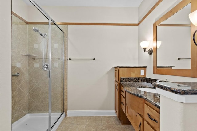 bathroom with tile patterned floors, vanity, and a shower with shower door