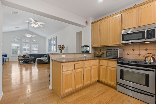 kitchen with appliances with stainless steel finishes, ceiling fan, kitchen peninsula, and a wealth of natural light