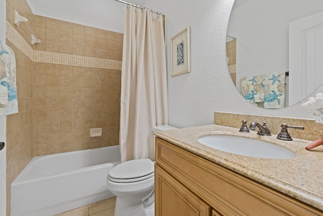 full bathroom with tile flooring, shower / bath combo with shower curtain, toilet, and vanity