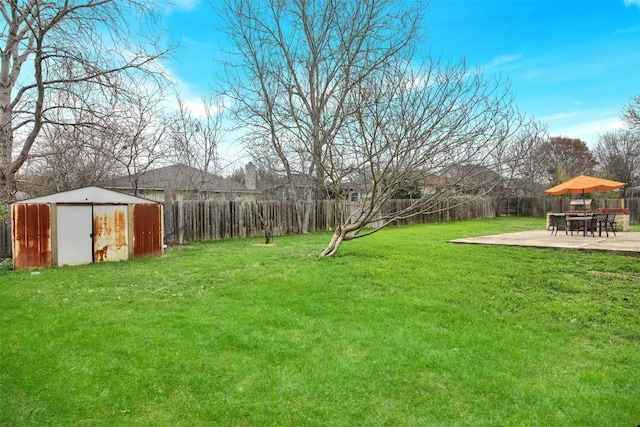 view of yard with a shed and a patio