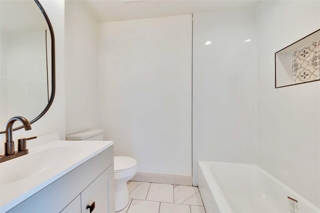 full bathroom with tile floors, shower / bathing tub combination, toilet, and vanity