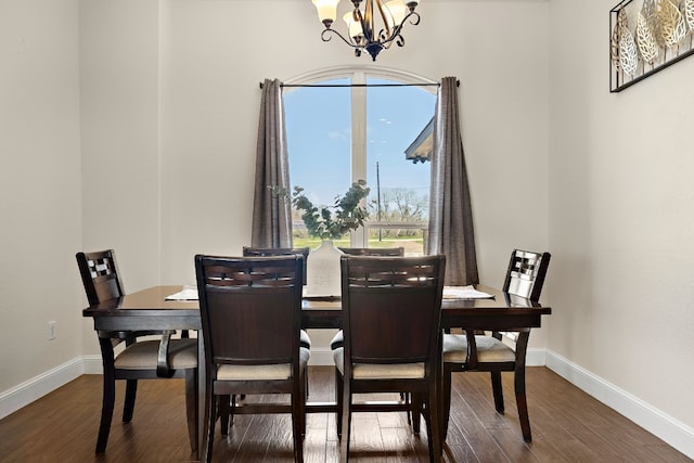 dining space featuring a notable chandelier and dark hardwood / wood-style floors