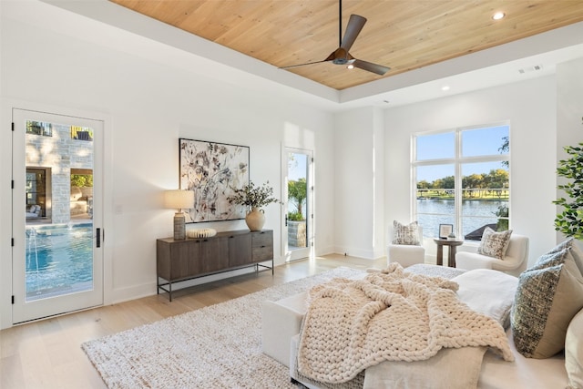 living area with ceiling fan, light hardwood / wood-style flooring, a water view, and wooden ceiling