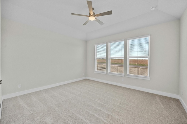 unfurnished room featuring carpet flooring, ceiling fan, and lofted ceiling