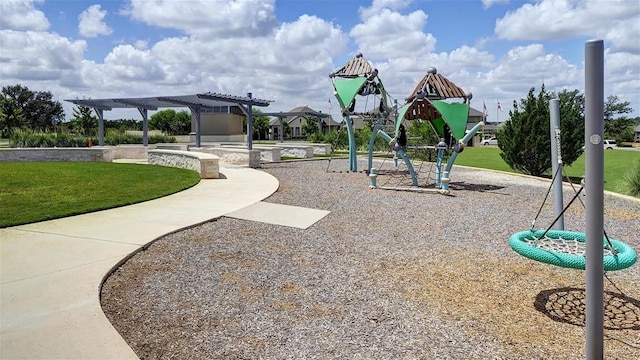 view of play area featuring a pergola and a yard