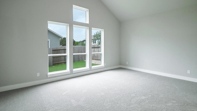 unfurnished room with carpet, lofted ceiling, and a wealth of natural light