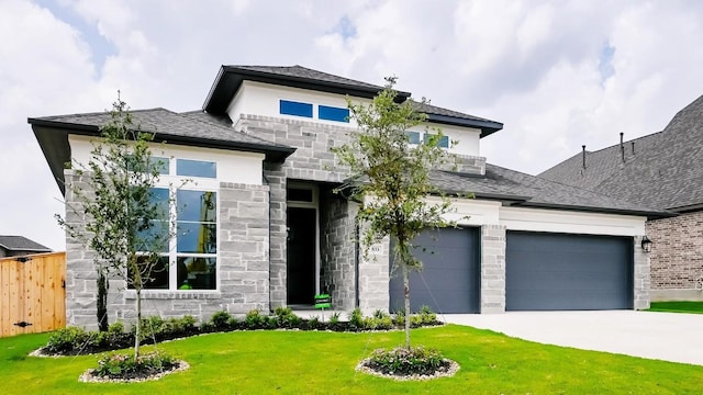 prairie-style house featuring a front yard and a garage