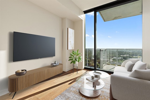 living room with a healthy amount of sunlight, floor to ceiling windows, and light hardwood / wood-style floors