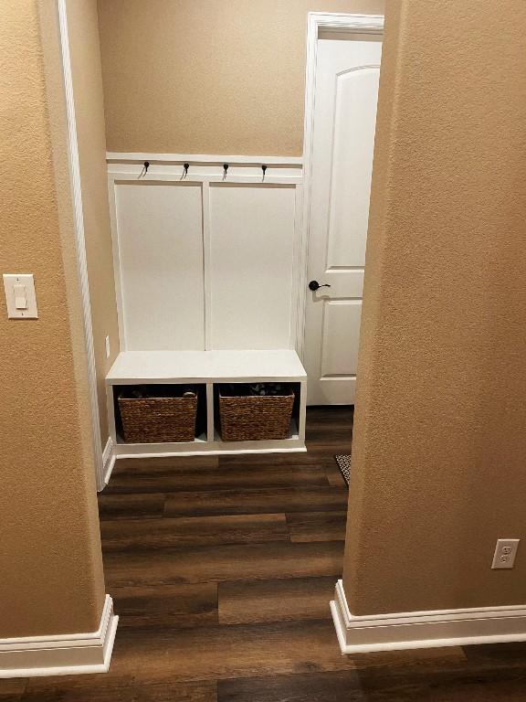 mudroom with baseboards and dark wood-type flooring