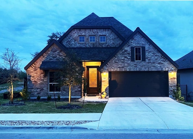 view of front of home with brick siding, roof with shingles, and concrete driveway