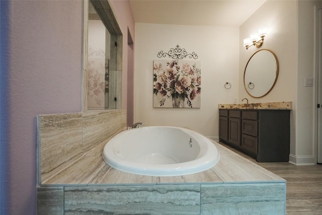 full bath featuring wood finished floors, vanity, and a washtub