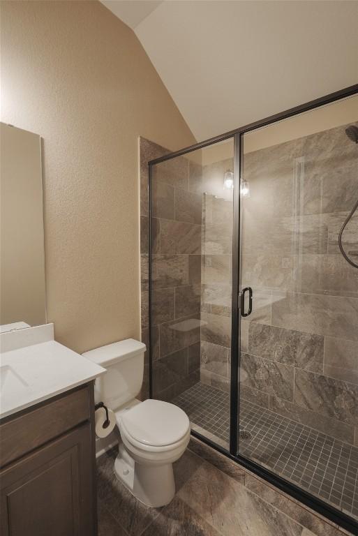 bathroom featuring vaulted ceiling, toilet, a shower stall, and vanity