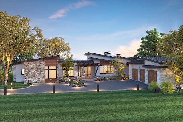 view of front of property featuring french doors and a front lawn