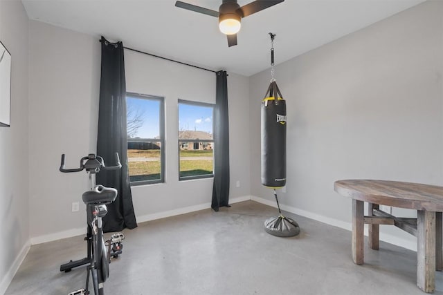 workout room featuring ceiling fan