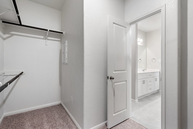 spacious closet featuring sink and light carpet