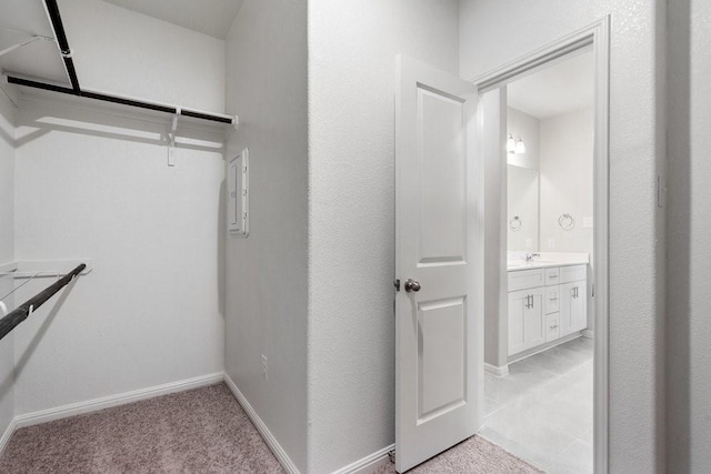 spacious closet featuring light colored carpet and sink