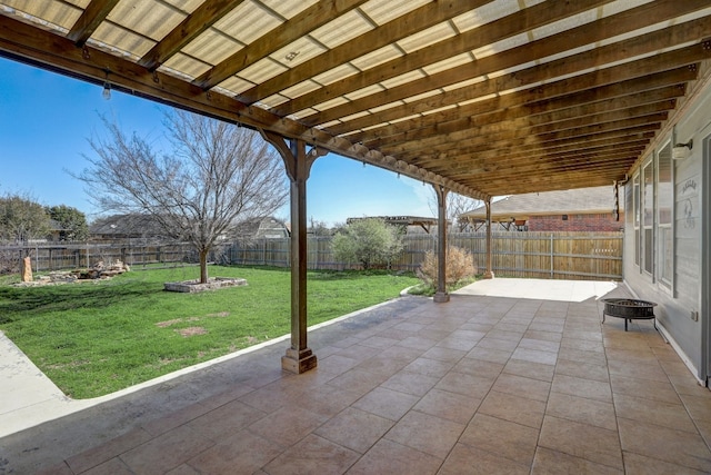 view of patio / terrace with an outdoor fire pit and a fenced backyard