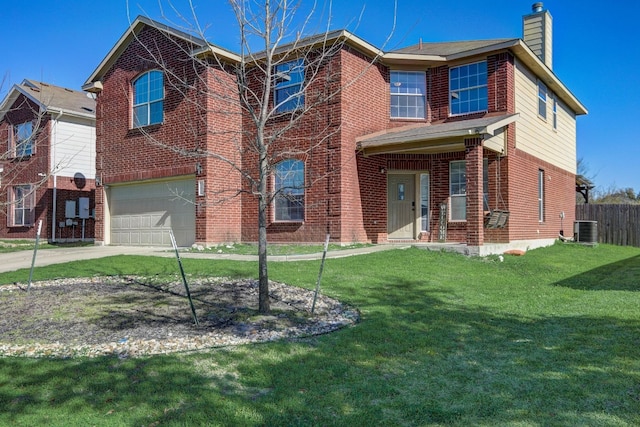 traditional-style house with brick siding, a chimney, central AC, fence, and a front lawn