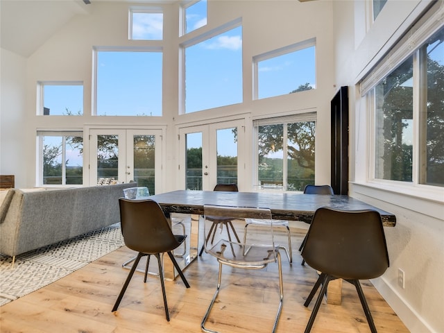 home office featuring french doors, light hardwood / wood-style flooring, a high ceiling, and plenty of natural light