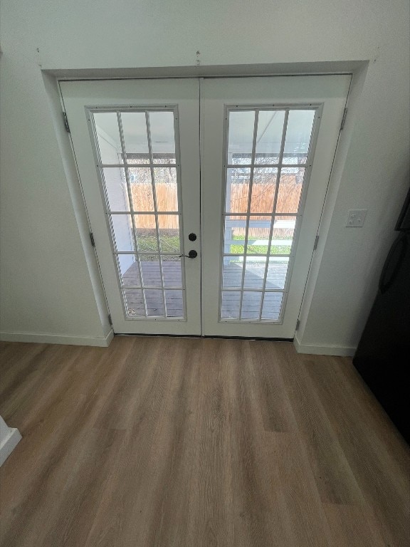 doorway to outside featuring a healthy amount of sunlight, light hardwood / wood-style floors, and french doors