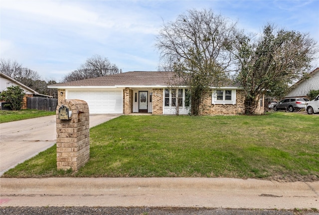 ranch-style home with a front lawn and a garage