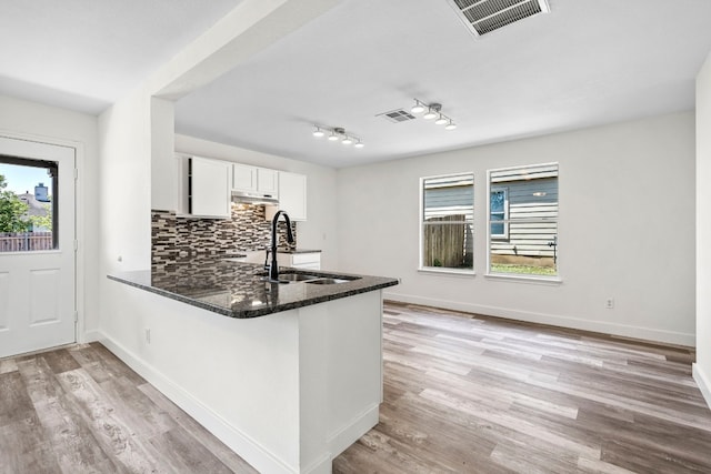 kitchen featuring sink, backsplash, kitchen peninsula, white cabinets, and light wood-type flooring