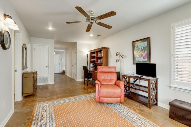 sitting room featuring visible vents, baseboards, ceiling fan, tile patterned flooring, and recessed lighting